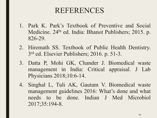 REFERENCES
1. Park K. Park’s Textbook of Preventive and Social
Medicine. 24th ed. India: Bhanot Publishers; 2015. p.
826-29.
2. Hiremath SS. Textbook of Public Health Dentistry.
3rd ed. Elsevier Publishers; 2016. p. 51-3.
3. Datta P, Mohi GK, Chander J. Biomedical waste
management in India: Critical appraisal. J Lab
Physicians 2018;10:6-14.
4. Singhal L, Tuli AK, Gautam V. Biomedical waste
management guidelines 2016: What’s done and what
needs to be done. Indian J Med Microbiol
2017;35:194-8.
83
 