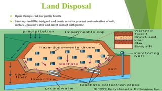 Land Disposal
 Open Dumps: risk for public health
 Sanitary landfills: designed and constructed to prevent contamination of soil ,
surface , ground water and direct contact with public
 