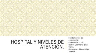 HOSPITAL Y NIVELES DE
ATENCIÓN.
Fundamentos de
enfermería.
Enfermería 2° “A”.
Ramos Contreras Silje
Marie.
Domínguez Pérez Edgar
Vicente.
 