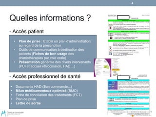 Quelles informations ?
• Accès patient
• Accès professionnel de santé
4
• Plan de prise : Etablir un plan d’administration
au regard de la prescription
• Outils de communication à destination des
patients (Fiches de bon usage des
chimiothérapies par voie orale)
• Présentation générale des divers intervenants
(PUI et accueil rétrocession, HAD…)
• Documents HAD (Bon commande,,,)
• Bilan médicamenteux optimisé (BMO)
• Fiche de conciliation des traitements (FCT)
• Plan de prise
• Lettre de sortie
 
