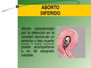 ABORTO DIFERIDO Aborto caracterizado por la retención en la cavidad uterina,de un embrión o feto muerto  (incluyendo el embarazo anembrionado)  puede acompañarse o no de sangrado variable. 
