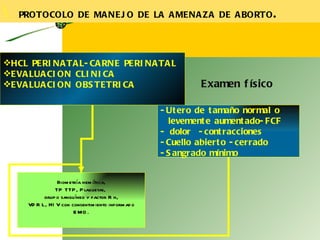 \   PROTOCOLO DE MANEJO DE LA AMENAZA DE ABORTO . HCL PERINATAL-CARNE PERINATAL EVALUACION CLINICA EVALUACION OBSTETRICA -Utero de tamaño normal o levemente aumentado-FCF - dolor  -contracciones -Cuello abierto -cerrado -Sangrado mínimo Examen físico Biometría hemática, TP TTP, Plaquetas,  grupo sanguíneo y factor Rh, VDRL, HIV con consentimiento informado EMO. 