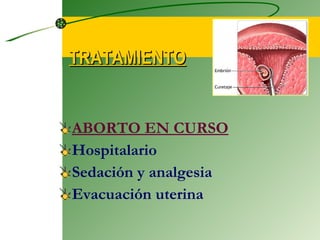 TRATAMIENTO ABORTO EN CURSO Hospitalario  Sedación y analgesia Evacuación uterina 