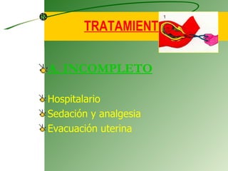 TRATAMIENTO A. INCOMPLETO Hospitalario Sedación y analgesia Evacuación uterina 