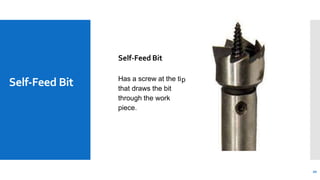 Self-Feed Bit
Self-Feed Bit
p
Has a screw at the ti
that draws the bit
through the work
piece.
20
 