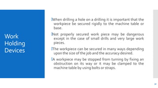 Work
Holding
Devices
30
🞄When drilling a hole on a drilling it is important that the
workpiece be secured rigidly to the m...