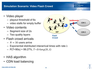 Simulation Scenario: Video Flash Crowd
? Video player
C playout threshold of 6s
C video stalls for empty buffer
? Video contents
C Segment size of 2s
C Two quality layers
? Flash crowd arrivals
C ? = 30 users arrive
C Exponential distributed interarrival times with rate 
C P(T<90s) = 99.27%, ?~?????? ?, ?
? HAS algorithm
? CDN load balancing
mas.wiwi.uni-due.de 11
CDN 1
CDN 2
Flash
Crowd
ISP
bottleneck
 