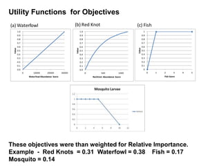 These objectives were than weighted for Relative Importance.
Example - Red Knots = 0.31 Waterfowl = 0.38 Fish = 0.17
Mosquito = 0.14
Utility Functions for Objectives
0.0
0.1
0.2
0.3
0.4
0.5
0.6
0.7
0.8
0.9
1.0
0 10000 20000 30000
Value
WaterfowlAbundance Score
0.0
0.1
0.2
0.3
0.4
0.5
0.6
0.7
0.8
0.9
1.0
0 500 1000
Value Red Knot Abundance Score
0
0.1
0.2
0.3
0.4
0.5
0.6
0.7
0.8
0.9
1
0 1 2 3 4 5
Value
Fish Score
(a) Waterfowl (b) Red Knot (c) Fish
 