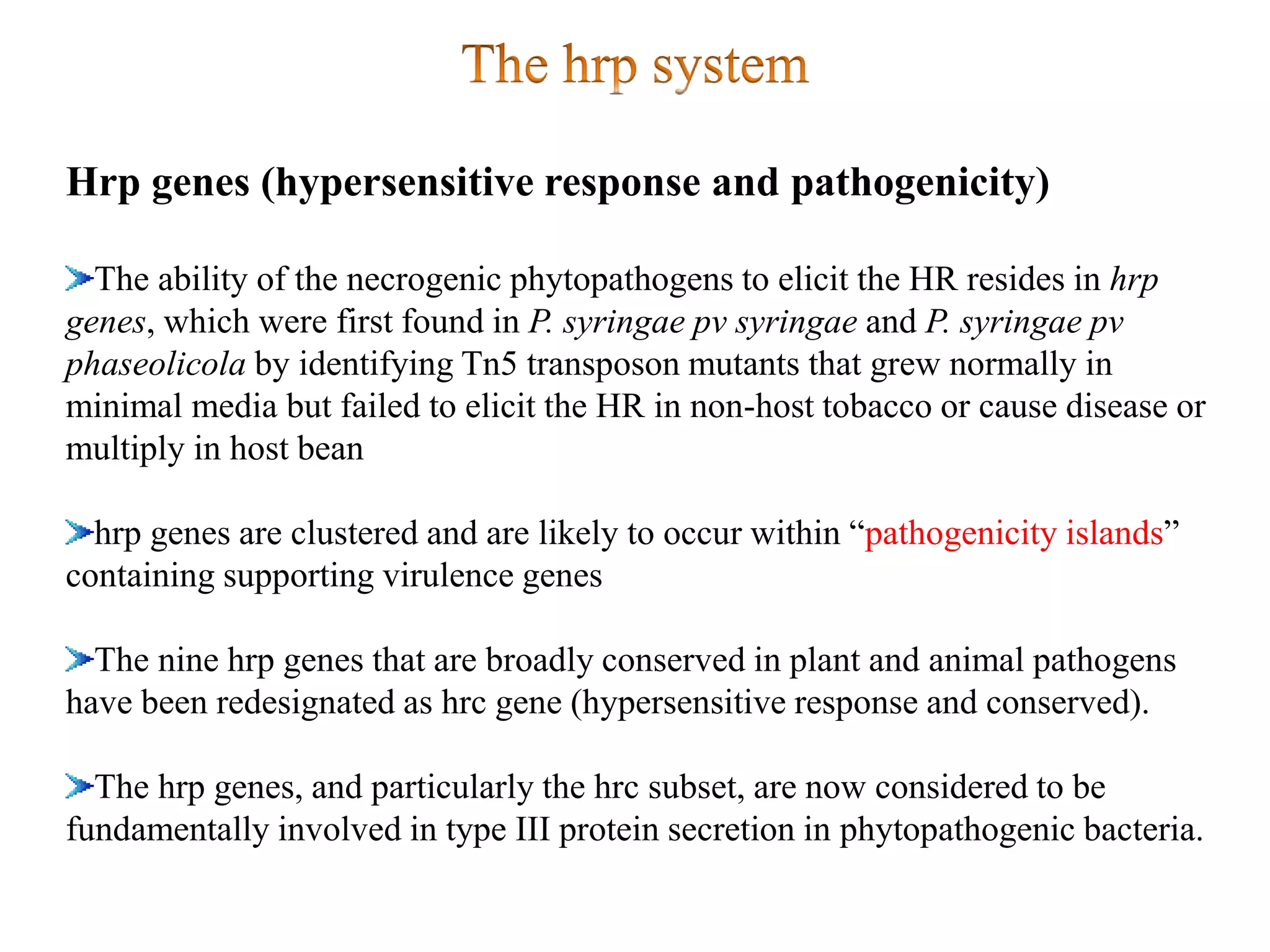 Hrp genes (hypersensitive response and pathogenicity)
The ability of the necrogenic phytopathogens to elicit the HR resides in hrp
genes, which were first found in P. syringae pv syringae and P. syringae pv
phaseolicola by identifying Tn5 transposon mutants that grew normally in
minimal media but failed to elicit the HR in non-host tobacco or cause disease or
multiply in host bean
hrp genes are clustered and are likely to occur within “pathogenicity islands”
containing supporting virulence genes
The nine hrp genes that are broadly conserved in plant and animal pathogens
have been redesignated as hrc gene (hypersensitive response and conserved).
The hrp genes, and particularly the hrc subset, are now considered to be
fundamentally involved in type III protein secretion in phytopathogenic bacteria.
 