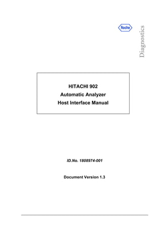 HITACHI 902
Automatic Analyzer
Host Interface Manual
ID.No. 1808974-001
Document Version 1.3
 