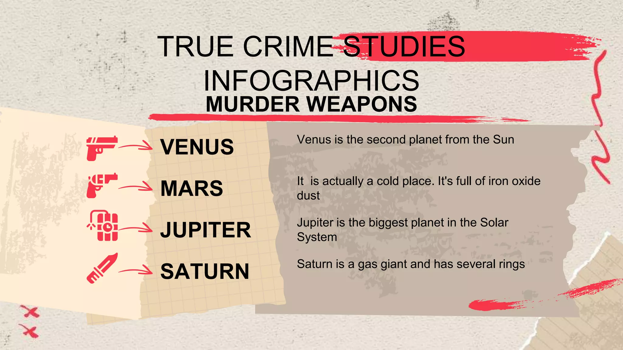 TRUE CRIME STUDIES
INFOGRAPHICS
MURDER WEAPONS
VENUS
Venus is the second planet from the Sun
MARS
It is actually a cold place. It's full of iron oxide
dust
JUPITER
Jupiter is the biggest planet in the Solar
System
SATURN
Saturn is a gas giant and has several rings
 