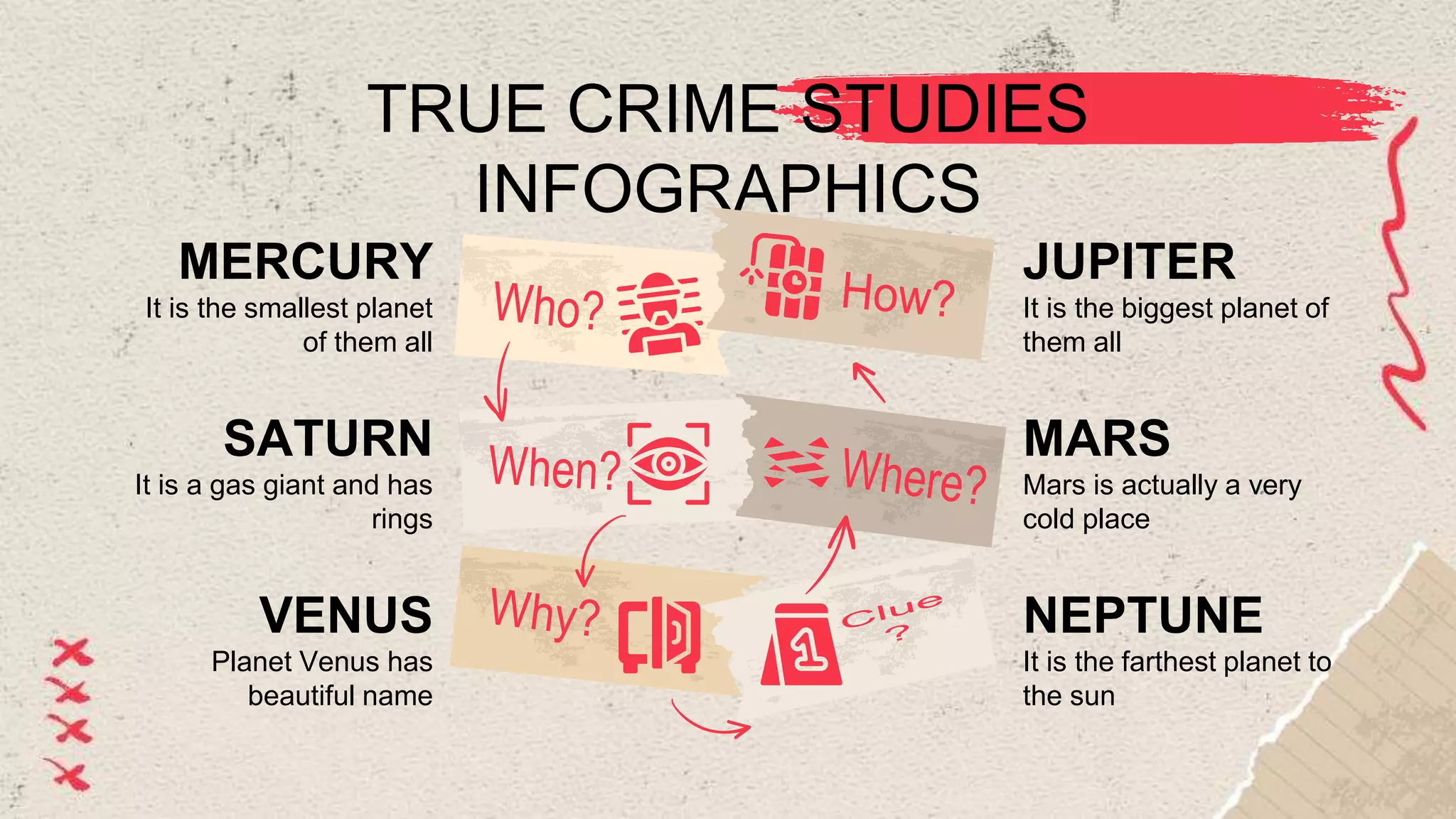 TRUE CRIME STUDIES
INFOGRAPHICS
JUPITER
It is the biggest planet of
them all
SATURN
It is a gas giant and has
rings
NEPTUNE
It is the farthest planet to
the sun
It is the smallest planet
of them all
MERCURY
Planet Venus has
beautiful name
VENUS
Mars is actually a very
cold place
MARS
 
