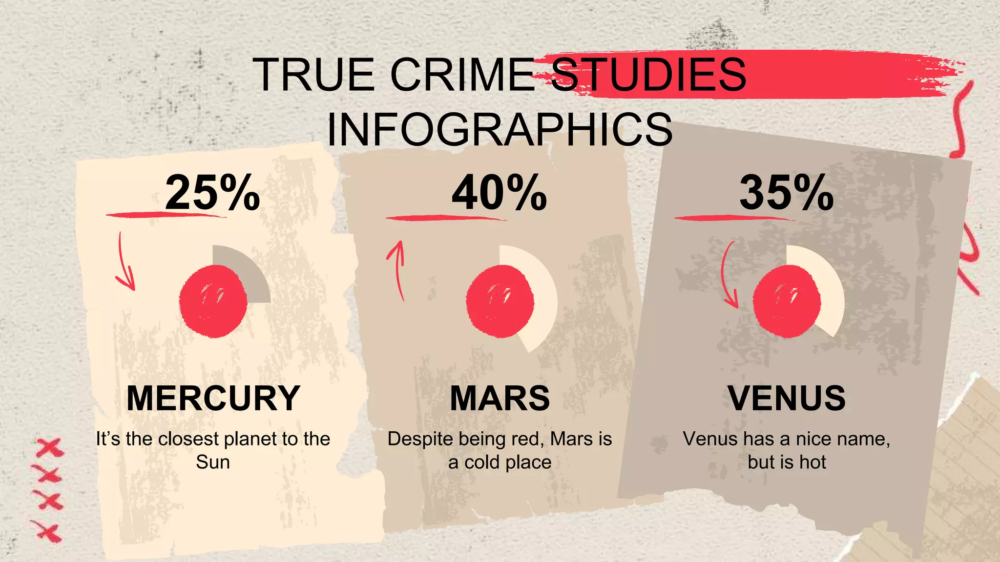 TRUE CRIME STUDIES
INFOGRAPHICS
25%
MERCURY
It’s the closest planet to the
Sun
40%
MARS
Despite being red, Mars is
a cold place
35%
VENUS
Venus has a nice name,
but is hot
 