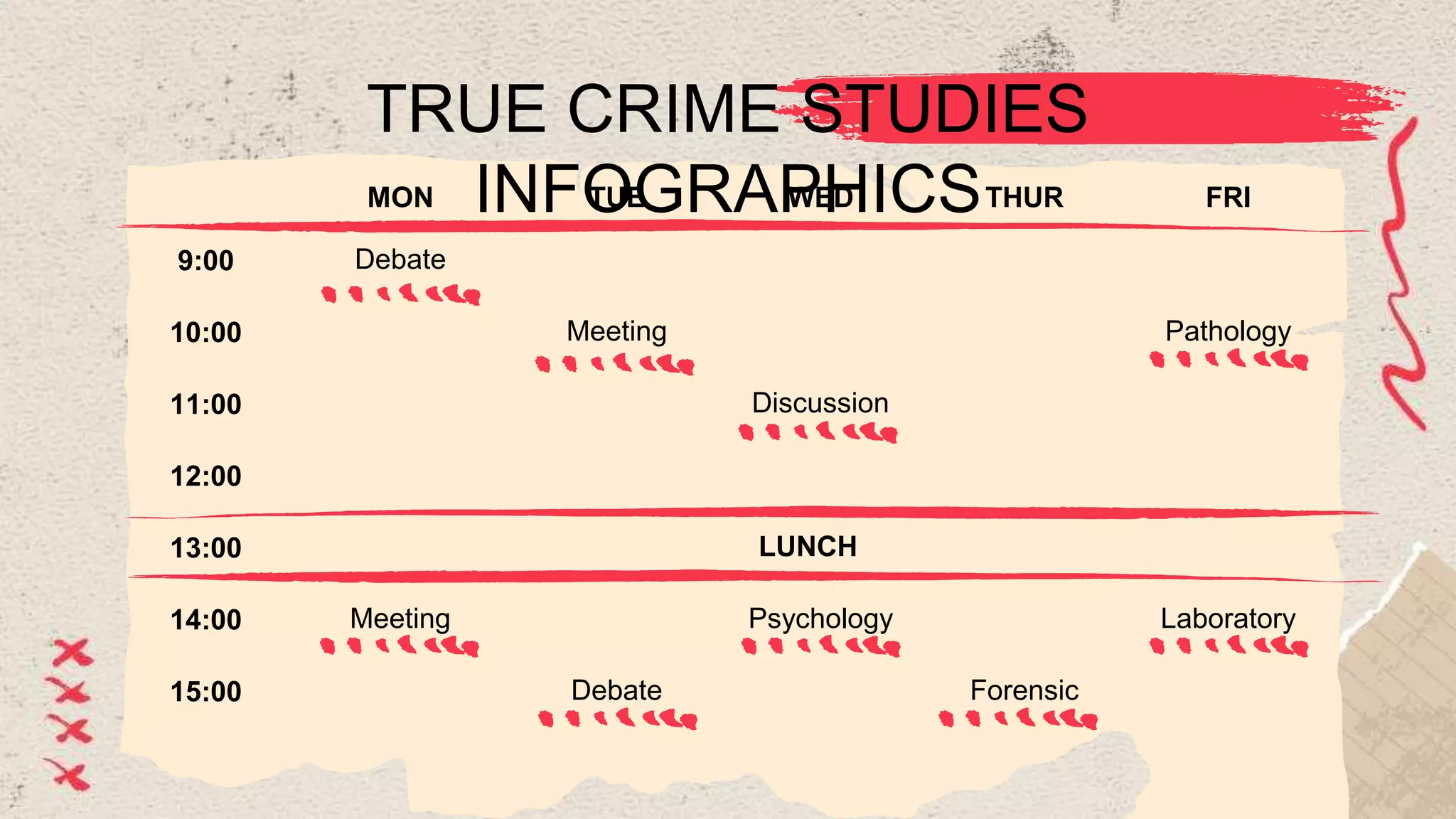 TRUE CRIME STUDIES
INFOGRAPHICS
MON TUE WED THUR FRI
9:00 Debate
10:00 Meeting Pathology
11:00 Discussion
12:00
13:00 LUNCH
14:00 Meeting Psychology Laboratory
15:00 Debate Forensic
 