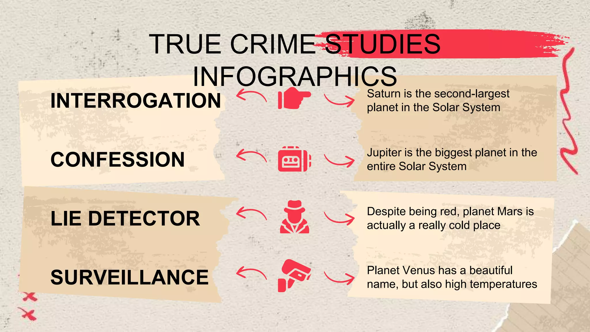 TRUE CRIME STUDIES
INFOGRAPHICS
INTERROGATION
Saturn is the second-largest
planet in the Solar System
SURVEILLANCE
Planet Venus has a beautiful
name, but also high temperatures
LIE DETECTOR
Despite being red, planet Mars is
actually a really cold place
CONFESSION
Jupiter is the biggest planet in the
entire Solar System
 