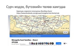 Сурч мэдэх, бүтээхийн төлөө хамтдаа
Харилцаа, мэдээлэл солилцооны Фасебуук Бүлэг
https://www.facebook.com/groups/mongolia.host.family.hub
Монголын Бэлчээр Ашиглагчдын Нэгдсэн Холбооны захиалгаар энэ агуулгыг бэлтгэв. 2020.10.7
 