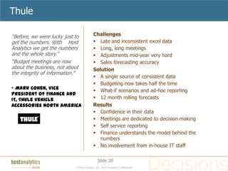 Thule

“Before, we were lucky just to            Challenges
get the numbers. With Host                 Late and inconsistent excel data
Analytics we get the numbers               Long, long meetings
and the whole story.”                      Adjustments mid-year very hard
“Budget meetings are now                   Sales forecasting accuracy
about the business, not about             Solution
the integrity of information.”
                                           A single source of consistent data
                                           Budgeting now takes half the time
- Mark Cohen, Vice                         What-if scenarios and ad-hoc reporting
President of Finance and
IT, Thule Vehicle                          12 month rolling forecasts
Accessories North America                 Results
                                           Confidence in their data
                                           Meetings are dedicated to decision-making
                                           Self service reporting
                                           Finance understands the model behind the
                                             numbers
                                           No involvement from in-house IT staff

                                              Slide 28
                            © Host Analytics, Inc. 2010 Company Confidential
 