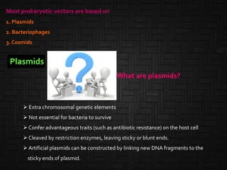 Most prokaryotic vectors are based on
1. Plasmids
2. Bacteriophages
3. Cosmids
Plasmids
 Extra chromosomal genetic elements
 Not essential for bacteria to survive
 Confer advantageous traits (such as antibiotic resistance) on the host cell
 Cleaved by restriction enzymes, leaving sticky or blunt ends.
 Artificial plasmids can be constructed by linking new DNA fragments to the
sticky ends of plasmid.
What are plasmids?
 