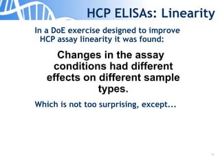 21
HCP ELISAs: Linearity
In a DoE exercise designed to improve
HCP assay linearity it was found:
Changes in the assay
conditions had different
effects on different sample
types.
Which is not too surprising, except...
 