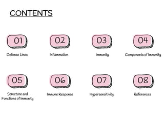 Defense Lines
01
Inflammation
02
Immunity
03
Structure and
Functions of Immunity
05
Immune Response
06
Hypersensitivity
07
CONTENTS
Components of Immunity
04
08
References
 