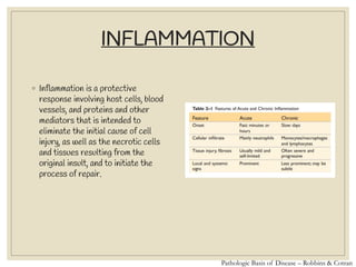 INFLAMMATION
◦ Inflammation is a protective
response involving host cells, blood
vessels, and proteins and other
mediators that is intended to
eliminate the initial cause of cell
injury, as well as the necrotic cells
and tissues resulting from the
original insult, and to initiate the
process of repair.
Pathologic Basis of Disease – Robbins & Cotran
 