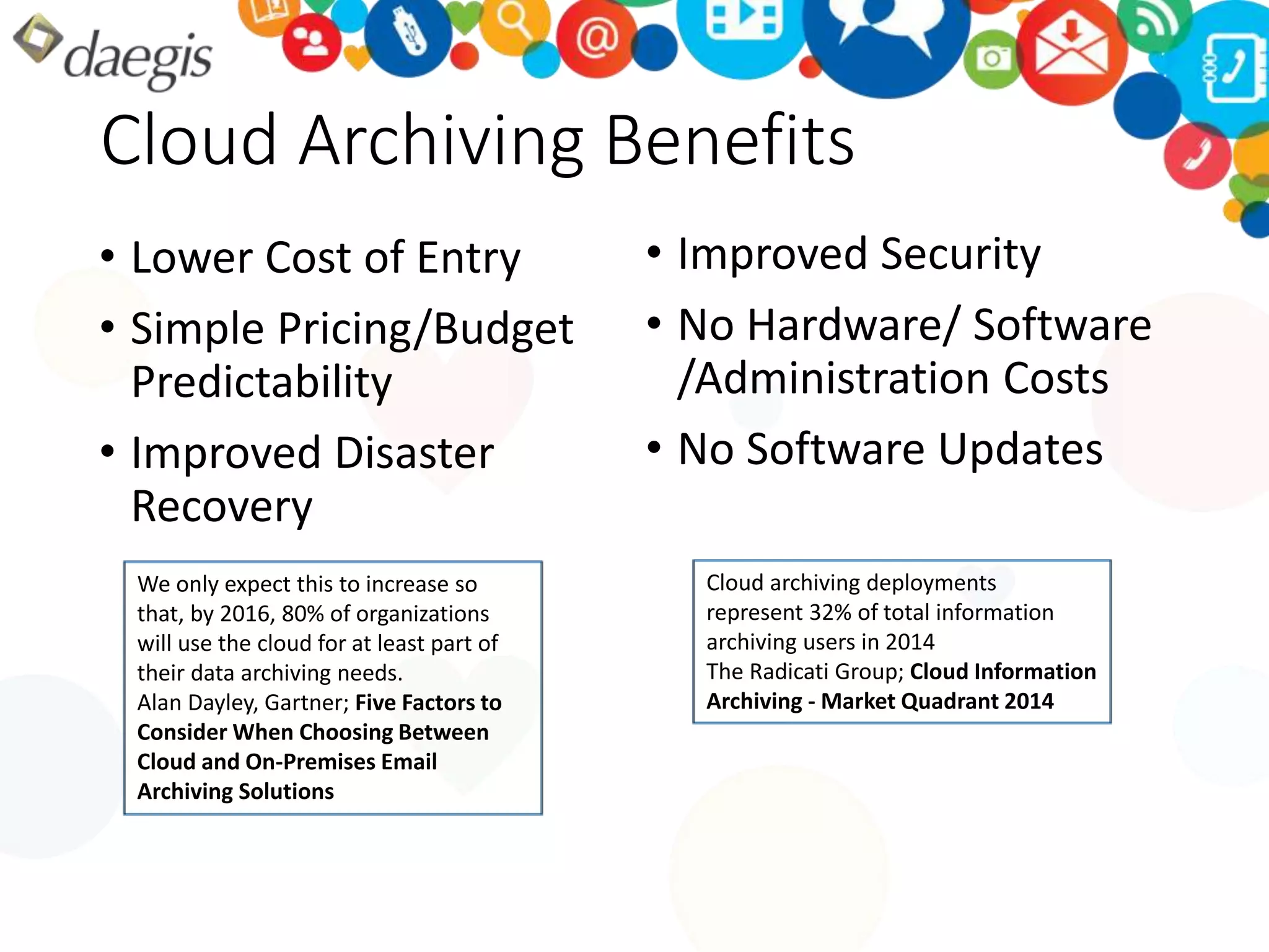 Cloud Archiving Benefits 
• Lower Cost of Entry 
• Simple Pricing/Budget 
Predictability 
• Improved Disaster 
Recovery 
• Improved Security 
• No Hardware/ Software 
/Administration Costs 
• No Software Updates 
Cloud archiving deployments 
represent 32% of total information 
archiving users in 2014 
The Radicati Group; Cloud Information 
Archiving - Market Quadrant 2014 
We only expect this to increase so 
that, by 2016, 80% of organizations 
will use the cloud for at least part of 
their data archiving needs. 
Alan Dayley, Gartner; Five Factors to 
Consider When Choosing Between 
Cloud and On-Premises Email 
Archiving Solutions 
 
