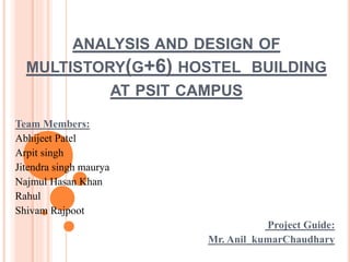 ANALYSIS AND DESIGN OF
MULTISTORY(G+6) HOSTEL BUILDING
AT PSIT CAMPUS
Team Members:
Abhijeet Patel
Arpit singh
Jitendra singh maurya
Najmul Hasan Khan
Rahul
Shivam Rajpoot
Project Guide:
Mr. Anil kumarChaudhary
1
 