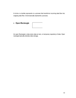 42
A circle or a bubble represents is a process that transforms incoming data flow into
outgoing data flow. Circle basically represents a process.
 Open Rectangle
An open Rectangle is data store–data at rest, or temporary repository of data. Open
rectangle basically denotes data storage.
 