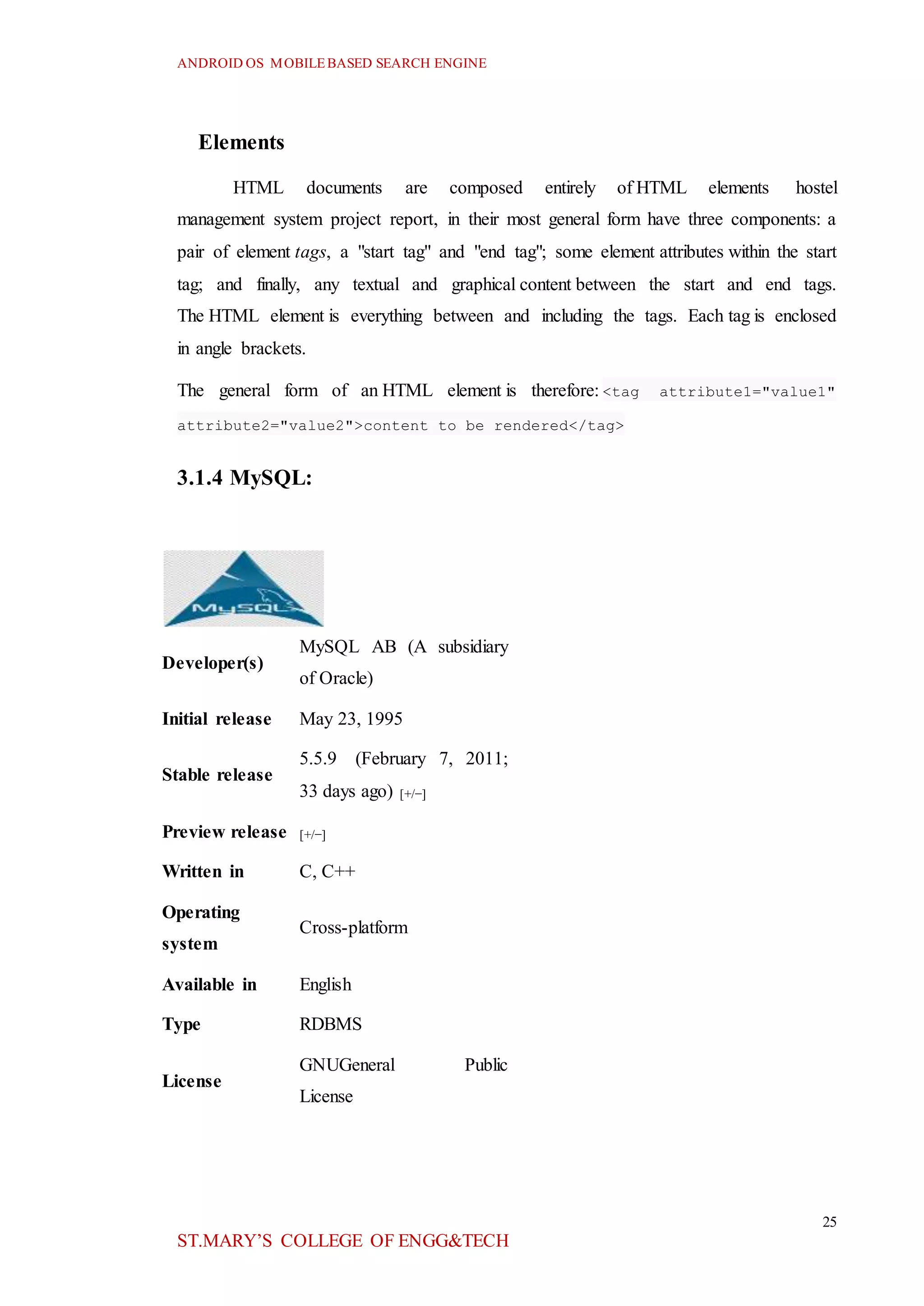 ANDROID OS MOBILEBASED SEARCH ENGINE
25
ST.MARY’S COLLEGE OF ENGG&TECH
Elements
HTML documents are composed entirely of HTML elements hostel
management system project report, in their most general form have three components: a
pair of element tags, a "start tag" and "end tag"; some element attributes within the start
tag; and finally, any textual and graphical content between the start and end tags.
The HTML element is everything between and including the tags. Each tag is enclosed
in angle brackets.
The general form of an HTML element is therefore: <tag attribute1="value1"
attribute2="value2">content to be rendered</tag>
3.1.4 MySQL:
Developer(s)
MySQL AB (A subsidiary
of Oracle)
Initial release May 23, 1995
Stable release
5.5.9 (February 7, 2011;
33 days ago) [+/−]
Preview release [+/−]
Written in C, C++
Operating
system
Cross-platform
Available in English
Type RDBMS
License
GNUGeneral Public
License
 