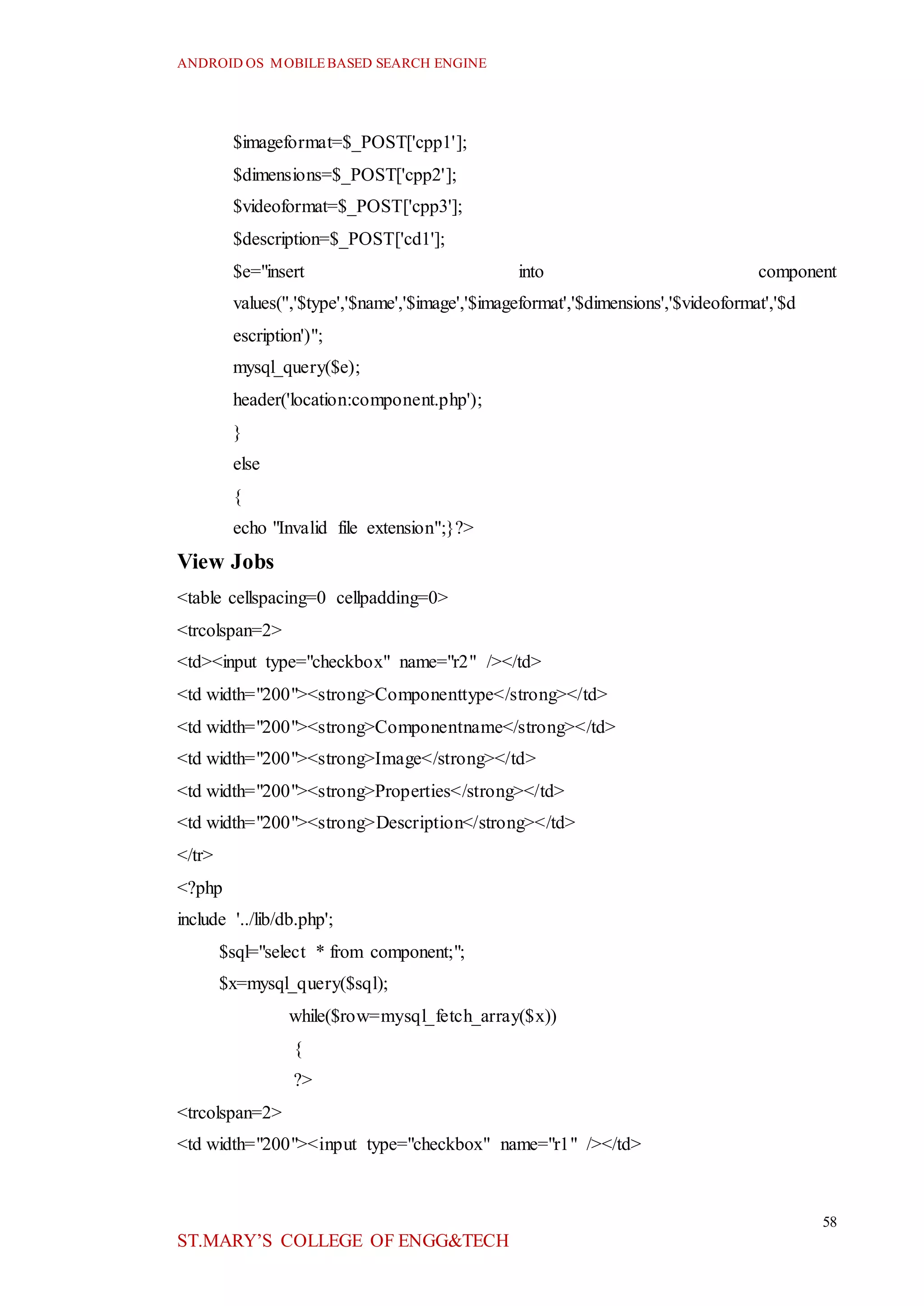 ANDROID OS MOBILEBASED SEARCH ENGINE
58
ST.MARY’S COLLEGE OF ENGG&TECH
$imageformat=$_POST['cpp1'];
$dimensions=$_POST['cpp2'];
$videoformat=$_POST['cpp3'];
$description=$_POST['cd1'];
$e="insert into component
values('','$type','$name','$image','$imageformat','$dimensions','$videoformat','$d
escription')";
mysql_query($e);
header('location:component.php');
}
else
{
echo "Invalid file extension";}?>
View Jobs
<table cellspacing=0 cellpadding=0>
<trcolspan=2>
<td><input type="checkbox" name="r2" /></td>
<td width="200"><strong>Componenttype</strong></td>
<td width="200"><strong>Componentname</strong></td>
<td width="200"><strong>Image</strong></td>
<td width="200"><strong>Properties</strong></td>
<td width="200"><strong>Description</strong></td>
</tr>
<?php
include '../lib/db.php';
$sql="select * from component;";
$x=mysql_query($sql);
while($row=mysql_fetch_array($x))
{
?>
<trcolspan=2>
<td width="200"><input type="checkbox" name="r1" /></td>
 