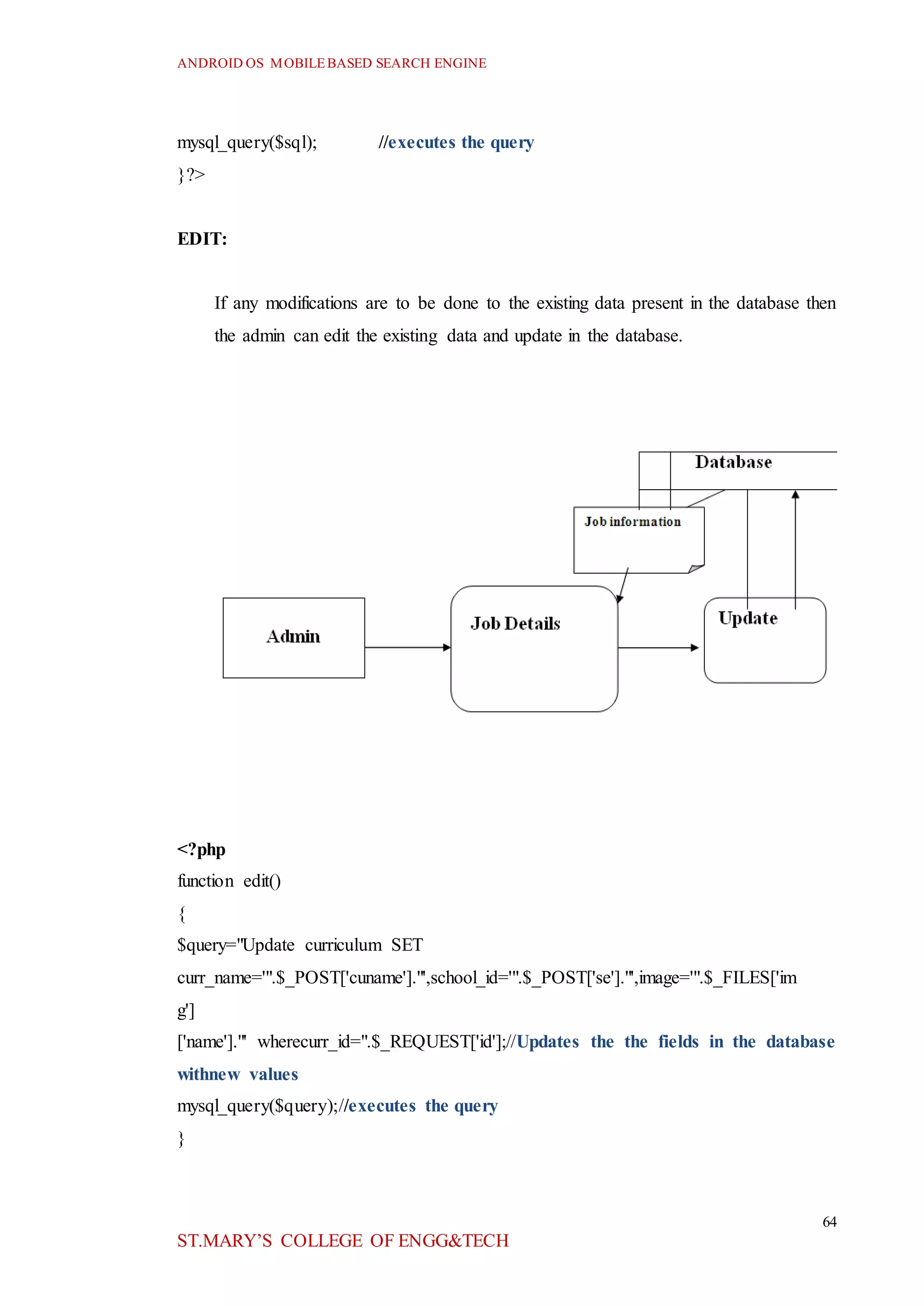 ANDROID OS MOBILEBASED SEARCH ENGINE
64
ST.MARY’S COLLEGE OF ENGG&TECH
mysql_query($sql); //executes the query
}?>
EDIT:
If any modifications are to be done to the existing data present in the database then
the admin can edit the existing data and update in the database.
<?php
function edit()
{
$query="Update curriculum SET
curr_name='".$_POST['cuname']."',school_id='".$_POST['se']."',image='".$_FILES['im
g']
['name']."' wherecurr_id=".$_REQUEST['id'];//Updates the the fields in the database
withnew values
mysql_query($query);//executes the query
}
 