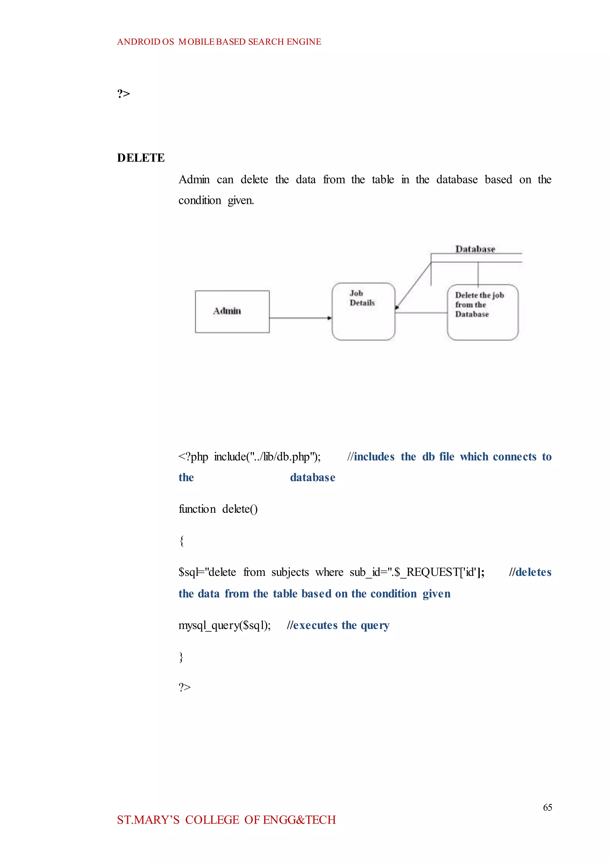 ANDROID OS MOBILEBASED SEARCH ENGINE
65
ST.MARY’S COLLEGE OF ENGG&TECH
?>
DELETE
Admin can delete the data from the table in the database based on the
condition given.
<?php include("../lib/db.php"); //includes the db file which connects to
the database
function delete()
{
$sql="delete from subjects where sub_id=".$_REQUEST['id']; //deletes
the data from the table based on the condition given
mysql_query($sql); //executes the query
}
?>
 