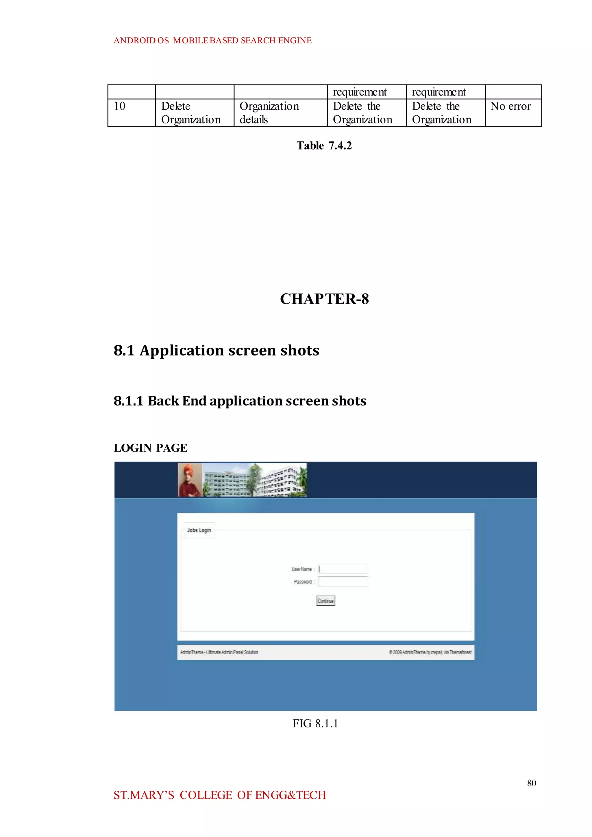 ANDROID OS MOBILEBASED SEARCH ENGINE
80
ST.MARY’S COLLEGE OF ENGG&TECH
requirement requirement
10 Delete
Organization
Organization
details
Delete the
Organization
Delete the
Organization
No error
Table 7.4.2
CHAPTER-8
8.1 Application screen shots
8.1.1 Back End application screen shots
LOGIN PAGE
FIG 8.1.1
 