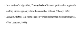• In a study of a night flier, Trichoplusia ni females preferred to approach
and lay more eggs on yellow than on other colours. (Shorey, 1964)
• Eoreuma loftini laid more eggs on vertical rather than horizontal leaves.
(Van Leerdam, 1984)
 