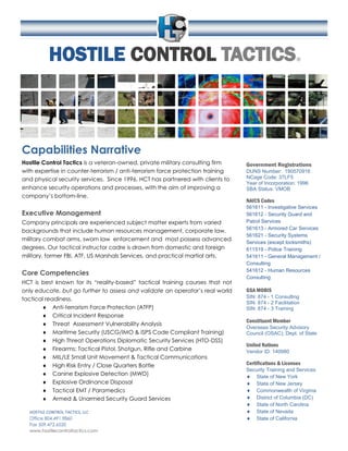 HOSTILE CONTROL TACTICS®
Capabilities Narrative
Hostile Control Tactics is a veteran-owned, private military consulting firm
with expertise in counter-terrorism / anti-terrorism force protection training
and physical security services. Since 1996, HCT has partnered with clients to
enhance security operations and processes, with the aim of improving a
company’s bottom-line.
Executive Management
Company principals are experienced subject matter experts from varied
backgrounds that include human resources management, corporate law,
military combat arms, sworn law enforcement and most possess advanced
degrees. Our tactical instructor cadre is drawn from domestic and foreign
military, former FBI, ATF, US Marshals Services, and practical martial arts.
Core Competencies
HCT is best known for its “reality-based” tactical training courses that not
only educate, but go further to assess and validate an operator’s real world
tactical readiness.
 Anti-terrorism Force Protection (ATFP)
 Critical Incident Response
 Threat Assessment Vulnerability Analysis
 Maritime Security (USCG/IMO & ISPS Code Compliant Training)
 High Threat Operations Diplomatic Security Services (HTO-DSS)
 Firearms: Tactical Pistol, Shotgun, Rifle and Carbine
 MIL/LE Small Unit Movement & Tactical Communications
 High Risk Entry / Close Quarters Battle
 Canine Explosive Detection (MWD)
 Explosive Ordinance Disposal
 Tactical EMT / Paramedics
 Armed & Unarmed Security Guard Services
HOSTILE CONTROL TACTICS, LLC
Office 804.491.9860
Fax 509.472.6520
www.hostilecontroltactics.com
Government Registrations
DUNS Number: 190570916
NCage Code: 37LF5
Year of Incorporation: 1996
SBA Status: VMOB
NAICS Codes
561611 - Investigative Services
561612 - Security Guard and
Patrol Services
561613 - Armored Car Services
561621 - Security Systems
Services (except locksmiths)
611519 - Police Training
541611 - General Management /
Consulting
541612 - Human Resources
Consulting
GSA MOBIS
SIN: 874 - 1 Consulting
SIN: 874 - 2 Facilitation
SIN: 874 - 3 Training
Constituent Member
Overseas Security Advisory
Council (OSAC); Dept. of State
United Nations
Vendor ID: 140980
Certifications & Licenses
Security Training and Services
 State of New York
 State of New Jersey
 Commonwealth of Virginia
 District of Columbia (DC)
 State of North Carolina
 State of Nevada
 State of California
 