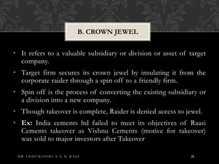 D R I N D U K O O R I S S N R A J U 31
• It refers to a valuable subsidiary or division or asset of target
company.
• Target firm secures its crown jewel by insulating it from the
corporate raider through a spin off to a friendly firm.
• Spin off is the process of converting the existing subsidiary or
a division into a new company.
• Though takeover is complete, Raider is denied access to jewel.
• Ex: India cements ltd failed to meet its objectives of Raasi
Cements takeover as Vishnu Cements (motive for takeover)
was sold to major investors after Takeover
B. CROWN JEWEL
 