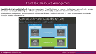 Azure IaaS Resource Arrangement
Availability Set (High-Availability farm) - Now when you configure Virtual Machines to be a part of a Availability set, Microsoft will re-arrange
the VMs in such a way that it belongs to a different Rack (in Failure domain (FD)) so as to avoid Downtime while patching.
Combined with Load balancers, availability sets can provide up to 99.9% SLA for Virtual Machines. Of Course you should have multiple VM
instances added to a Availability Set.
By : Isha Kapoor (SharePoint MVP ) Twitter : @Learningsp, www.LearningSharePoint.com
 