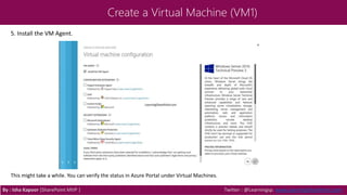 Create a Virtual Machine (VM1)
5. Install the VM Agent.
This might take a while. You can verify the status in Azure Portal under Virtual Machines.
By : Isha Kapoor (SharePoint MVP ) Twitter : @Learningsp, www.LearningSharePoint.com
 