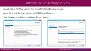 Install the Active Directory Services
Next, connect to the Virtual Machine VM1 to install the Active Directory Services.
Login to the server and in Server Manager, select Add Roles and Features.
Follow the Wizard as per below to install Active Directory Services.
By : Isha Kapoor (SharePoint MVP ) Twitter : @Learningsp, www.LearningSharePoint.com
 