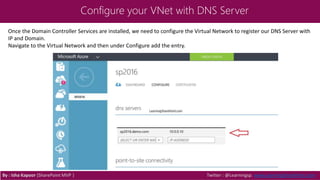Configure your VNet with DNS Server
By : Isha Kapoor (SharePoint MVP ) Twitter : @Learningsp, www.LearningSharePoint.com
Once the Domain Controller Services are installed, we need to configure the Virtual Network to register our DNS Server with
IP and Domain.
Navigate to the Virtual Network and then under Configure add the entry.
 