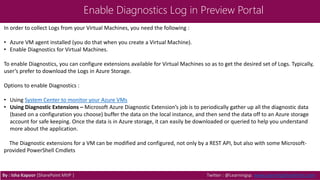 Enable Diagnostics Log in Preview Portal
In order to collect Logs from your Virtual Machines, you need the following :
• Azure VM agent installed (you do that when you create a Virtual Machine).
• Enable Diagnostics for Virtual Machines.
To enable Diagnostics, you can configure extensions available for Virtual Machines so as to get the desired set of Logs. Typically,
user’s prefer to download the Logs in Azure Storage.
Options to enable Diagnostics :
• Using System Center to monitor your Azure VMs
• Using Diagnostic Extensions – Microsoft Azure Diagnostic Extension’s job is to periodically gather up all the diagnostic data
(based on a configuration you choose) buffer the data on the local instance, and then send the data off to an Azure storage
account for safe keeping. Once the data is in Azure storage, it can easily be downloaded or queried to help you understand
more about the application.
The Diagnostic extensions for a VM can be modified and configured, not only by a REST API, but also with some Microsoft-
provided PowerShell Cmdlets
By : Isha Kapoor (SharePoint MVP ) Twitter : @Learningsp, www.LearningSharePoint.com
 