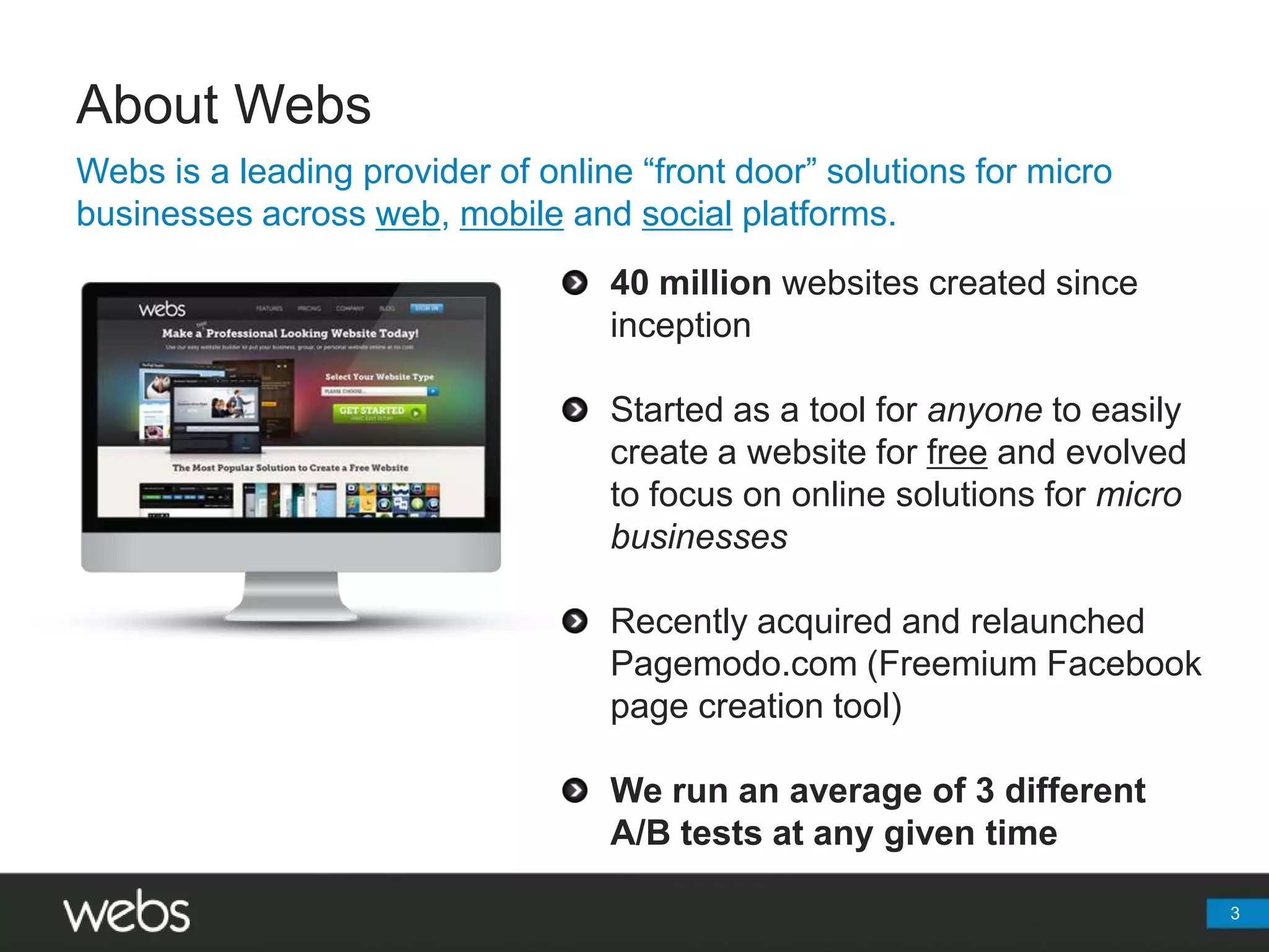 About Webs3Webs is a leading provider of online “front door” solutions for micro businesses across web, mobile and social platforms.40 million websites created since inceptionStarted as a tool for anyone to easily create a website for free and evolved to focus on online solutions for micro businessesRecently acquired and relaunchedPagemodo.com (Freemium Facebook page creation tool)We run an average of 3 different A/B tests at any given time