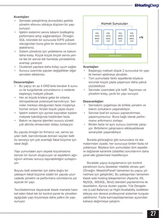 Avantajları
•	 Servisler pekiştirilmiş (konsolide) şekilde
yönetim eforunu oldukça düşüren bir yapı
sunuyor.
•	 İşletim sistemini servis tabanlı özelleştirip
performans artışı sağlanabiliyor. Örneğin;
SQL rolündeki bir sunucuda IOPS yüksek
olacağından buna göre bir donanım düzeni
alabilirsiniz.
•	 Sistem yöneticisi için yedekleme ve bakımı
daha kolay. Küçük küçük birçok servis yeri-
ne tek bir servisi tek hamlede yönetebilme
avantajı yaratıyor.
•	 Clustered yapılara daha kolay uyum sağlar.
•	 Sunucu üzerinde yapılan değişiklikler diğer
servisleri etkilemez.
Dezavantajları
•	 Bu yapıyı en az 4 DNS’lerle beraber 6 sunu-
cu ile kurgulamak zorundasınız o nedenle
başlangıç maliyeti yüksek.
•	 Her an büyük krizlere gebe bir ortama
dönüşebilecek potansiyel barındırıyor. Ser-
visler merkezi olduğundan fazla müşteriye
hizmet veriyor. Krizler büyük çapta oluyor.
•	 İşletim sistemi için ayrılan kaynaklar toplam
maliyete bakıldığında haddinden fazla.
•	 Bakım ve taşıma işlemleri sunucu sürekli
yük altında olmasından dolayı zorlaşıyor.
Bu yapıda örneğin bir firmanız var, servis sa-
yıları belli, barındırılacak domain sayıları belli
bu senaryo için çok avantajlı fakat büyüme için
ideal değil.
Yapı yumurtaları aynı sepete koyulmasına
benzer bir durum oluşturuyor ve sepetlerin ağır-
lığının artması sonucu taşınabilirliğini zorlaştırı-
yor.
Boyutu belli sistemler için daha doğru bir
yaklaşım fakat büyüme odaklı bir yapıda uzun
vadede yönetim ve performans sıkıntılarına yol
açacak bir yapı.
Tecrübelerimize dayanarak klasik manada hare-
ket eden fakat tek bir kontrol panel ile yönetilen
aşağıdaki yapı büyümeye daha yatkın bir yapı
sunuyor.
Avantajları
•	 Başlangıç maliyeti düşük 2 sunuculuk bir yapı
ile hemen işletmeye alınabilir.
•	 Tüm yumurtalar farklı sepetlerde böylece
sorunlar küçük çapta yaşanıyor daha çabuk
çözülebiliyor.
•	 Servisler üzerindeki yük hafif. Taşınması ve
yönetimi kolay, çevik bir yapı sunuyor.
Dezavantajları
•	 Servislerin çoğalması ile birlikte yönetim ve
bakım zorlukların yaşanabiliyor.
•	 Servise özel bir sunucu yapılandırması
yapamıyorsunuz. Buna bağlı olarak perfor-
mansı arttırmanız zorlaşır.
•	 Birden fazla rol aynı sunucu üzerinde çalışı-
yor. Birbirlerini çalışmasını etkileyebilecek
senaryolar yaşanabiliyor.
Burada göreceğiniz gibi sunuculara rol ata-
malarından ziyade, her sunucuya birden fazla rol
yükleniyor. Böylece tüm yumurtaları tüm sepetle-
re dağıtarak kararlılık (stabilite) sorunlarının daha
yerel etki göstermesi hedefleniyor.
Buradaki yapıyı kurgulamanız için kontrol
panelinizin bunu destekler nitelikte olması şart
(Örneğin; MaestroPanel’i tamamen bu yapıyı yö-
netmesi için geliştirdik). Bu yaklaşımları tamamen
klasik web hosting bileşenlerinin (Apache, IIS,
MySQL, MSSQL, Bind) standart yapılandırma ile
tasarladım. Ayrıca cluster yapılar, Yük Dengele-
me (Load Balance) ve Hight Availability özellikleri
ekleyip son derece profesyonel sistemler kurgula-
yabilirsiniz. Fazla karmaşıklaşmaması açısından
kabaca değinmeye çalıştım.
27
 