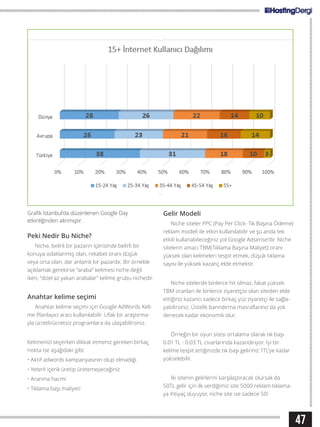 47
Grafik İstanbul’da düzenlenen Google Day
etkinliğinden alınmıştır.
Peki Nedir Bu Niche?
Niche, belirli bir pazarın içerisinde belirli bir
konuya odaklanmış olan, rekabet oranı düşük
veya orta olan, dar anlamlı bir pazardır. Bir örnekle
açıklamak gerekirse “araba” kelimesi niche değil
iken, “dizel az yakan arabalar” kelime grubu nichedir.
Anahtar kelime seçimi
Anahtar kelime seçimi için Google AdWords Keli-
me Planlayıcı aracı kullanılabilir. Ufak bir araştırma-
yla ücretli/ücretsiz programlara da ulaşabilirsiniz.
Kelimenizi seçerken dikkat etmeniz gereken birkaç
nokta ise aşağıdaki gibi:
• Aktif adwords kampanyasının olup olmadığı
• Yeterli içerik üretip üretemeyeceğiniz
• Aranma hacmi
• Tıklama başı maliyeti
Gelir Modeli
Niche siteler PPC (Pay Per Click- Tık Başına Ödeme)
reklam modeli ile etkin kullanılabilir ve şu anda tek
etkili kullanabileceğiniz yol Google Adsense’dir. Niche
sitelerin amacı TBM(Tıklama Başına Maliyet) oranı
yüksek olan kelimeleri tespit etmek, düşük tıklama
sayısı ile yüksek kazanç elde etmektir.
Niche sitelerde binlerce hit olmaz, fakat yüksek
TBM oranları ile binlerce ziyaretçisi olan siteden elde
ettiğiniz kazancı sadece birkaç yüz ziyaretçi ile sağla-
yabilirsiniz. Üstelik barındırma masraflarınız da yok
denecek kadar ekonomik olur.
Örneğin bir oyun sitesi ortalama olarak tık başı
0.01 TL - 0.03 TL civarlarında kazandırıyor. İyi bir
kelime tespit ettiğinizde tık başı geliriniz 1TL’ye kadar
yükselebilir.
İki sitenin gelirlerini karşılaştıracak olursak da
50TL gelir için ilk verdiğimiz site 5000 reklam tıklama-
ya ihtiyaç duyuyor, niche site ise sadece 50!
 