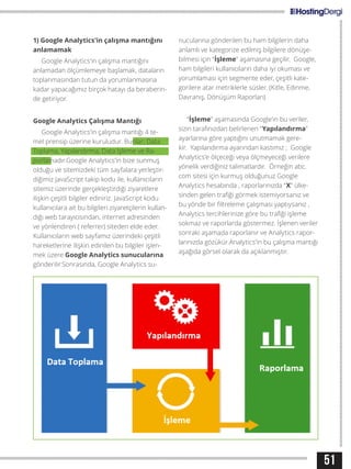 51
1) Google Analytics’in çalışma mantığını
anlamamak
Google Analytics’in çalışma mantığını
anlamadan ölçümlemeye başlamak, dataların
toplanmasından tutun da yorumlanmasına
kadar yapacağımız birçok hatayı da beraberin-
de getiriyor.
Google Analytics Çalışma Mantığı
Google Analytics’in çalışma mantığı 4 te-
mel prensip üzerine kuruludur. Bunlar; Data
Toplama, Yapılandırma, Data İşleme ve Ra-
porlamadır.Google Analytics’in bize sunmuş
olduğu ve sitemizdeki tüm sayfalara yerleştir-
diğimiz JavaScript takip kodu ile, kullanıcıların
sitemiz üzerinde gerçekleştirdiği ziyaretlere
ilişkin çeşitli bilgiler ediniriz. JavaScript kodu
kullanıcılara ait bu bilgileri ziyaretçilerin kullan-
dığı web tarayıcısından, internet adresinden
ve yönlendiren ( referrer) siteden elde eder.
Kullanıcıların web sayfamız üzerindeki çeşitli
hareketlerine ilişkin edinilen bu bilgiler işlen-
mek üzere Google Analytics sunucularına
gönderilir.Sonrasında, Google Analytics su-
nucularına gönderilen bu ham bilgilerin daha
anlamlı ve kategorize edilmiş bilgilere dönüşe-
bilmesi için “İşleme” aşamasına geçilir. Google,
ham bilgileri kullanıcıların daha iyi okuması ve
yorumlaması için segmente eder, çeşitli kate-
gorilere atar metriklerle süsler. (Kitle, Edinme,
Davranış, Dönüşüm Raporları)
“İşleme” aşamasında Google’ın bu veriler,
sizin tarafınızdan belirlenen “Yapılandırma”
ayarlarına göre yaptığını unutmamak gere-
kir. Yapılandırma ayarından kastımız ; Google
Analytics’e ölçeceği veya ölçmeyeceği verilere
yönelik verdiğiniz talimatlardır. Örneğin abc.
com sitesi için kurmuş olduğunuz Google
Analytics hesabında , raporlarınızda “X” ülke-
sinden gelen trafiği görmek istemiyorsanız ve
bu yönde bir filtreleme çalışması yaptıysanız ,
Analytics tercihlerinize göre bu trafiği işleme
sokmaz ve raporlarda göstermez. İşlenen veriler
sonraki aşamada raporlanır ve Analytics rapor-
larınızda gözükür.Analytics’in bu çalışma mantığı
aşağıda görsel olarak da açıklanmıştır.
 