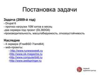 Постановка задачи
Задача (2009-й год)
- Drupal 6
- прогноз нагрузки 10M хитов в месяц
-два сервера под проект (DL360G6)
-производительность, масштабируемость, отказоустойчивость

Наследие
- 4 сервера (FreeBSD 7/amd64)
- web-проекты:
     - http://www.runewsweek.ru
     -http://www.ok-magazine.ru
     -http://www.computerbild.ru
     -http://www.axelspringer.ru
 
