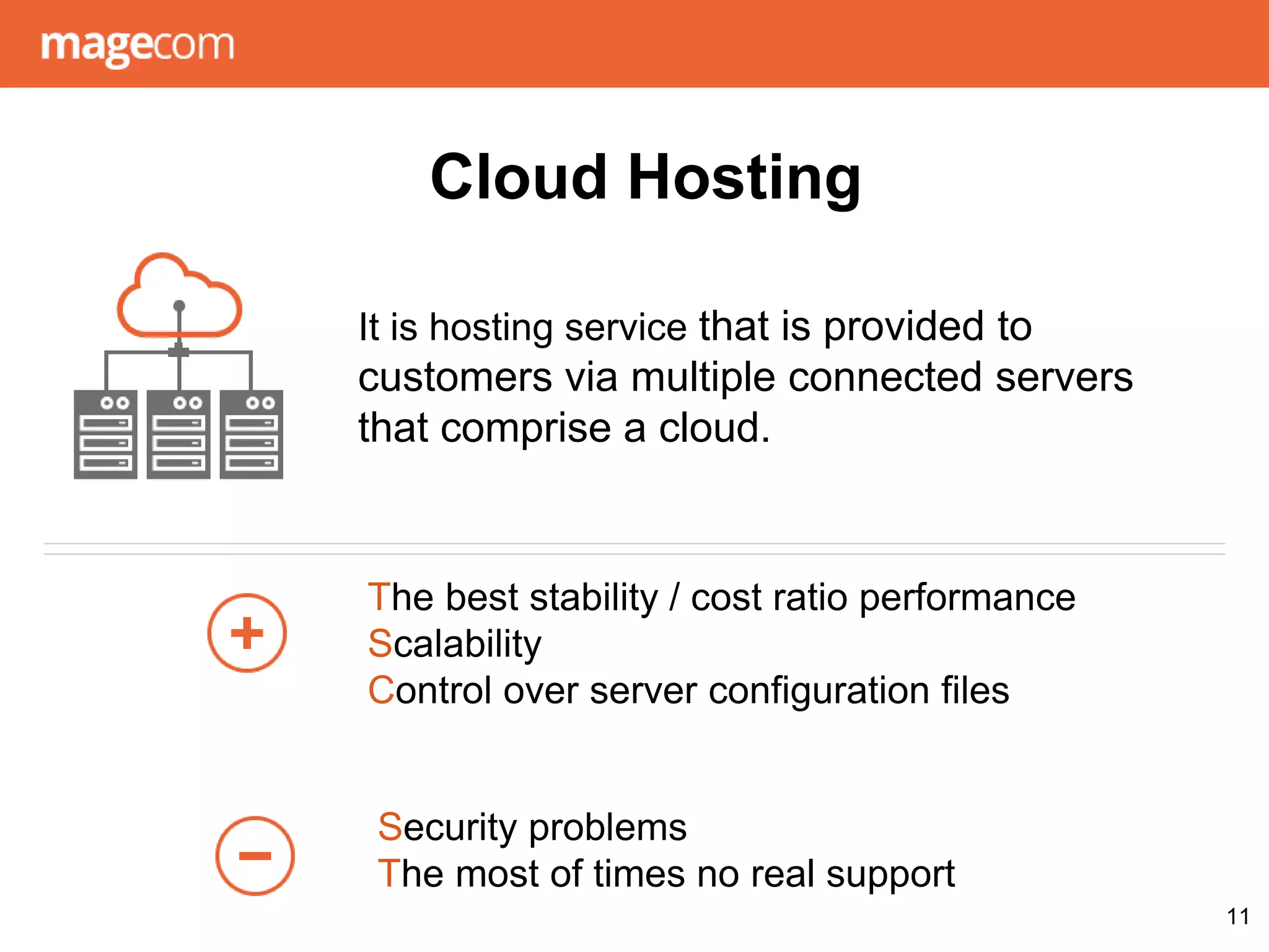 Cloud Hosting
11
It is hosting service that is provided to
customers via multiple connected servers
that comprise a cloud.
The best stability / cost ratio performance
Scalability
Control over server configuration files
Security problems
The most of times no real support
 