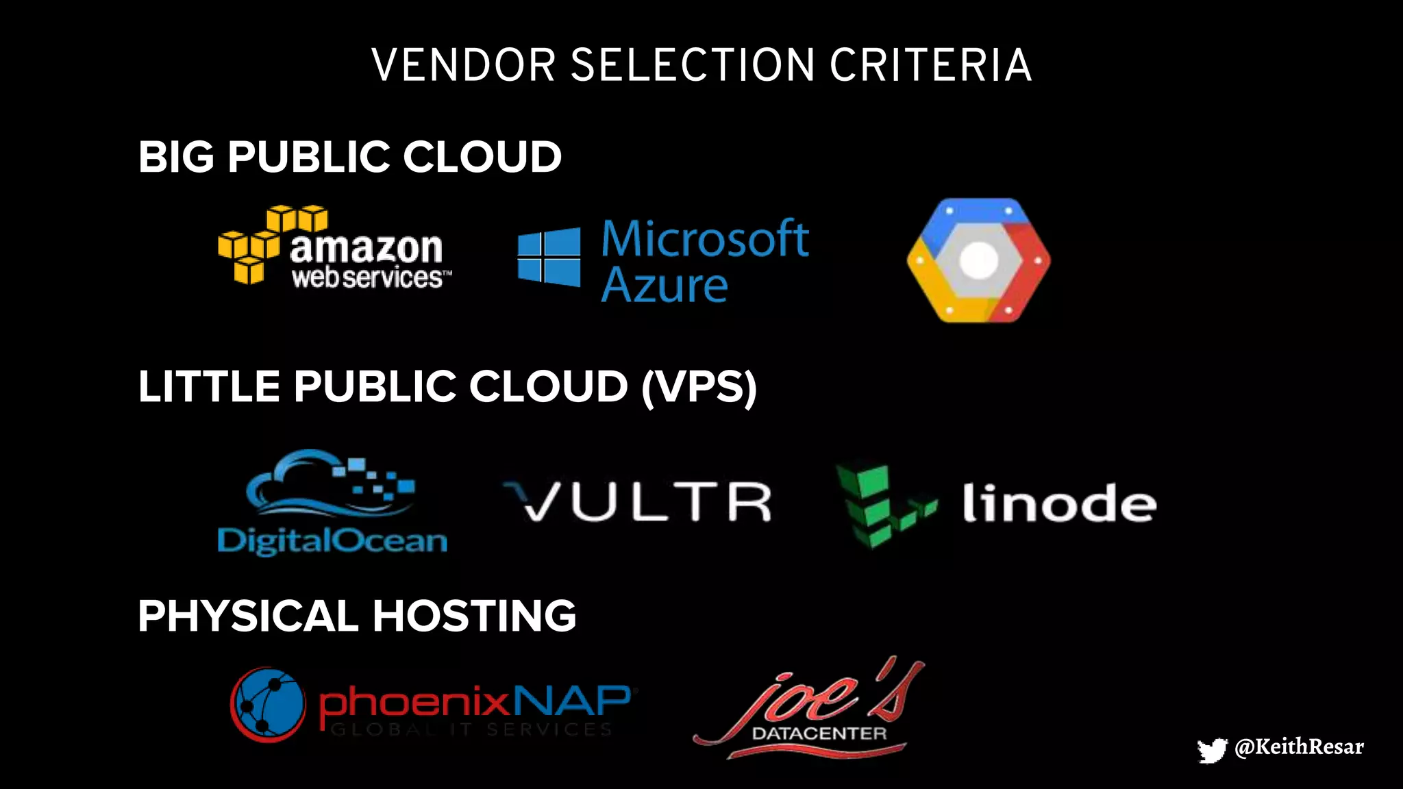 VENDOR SELECTION CRITERIA
@KeithResar
BIG PUBLIC CLOUD
LITTLE PUBLIC CLOUD (VPS)
PHYSICAL HOSTING
 
