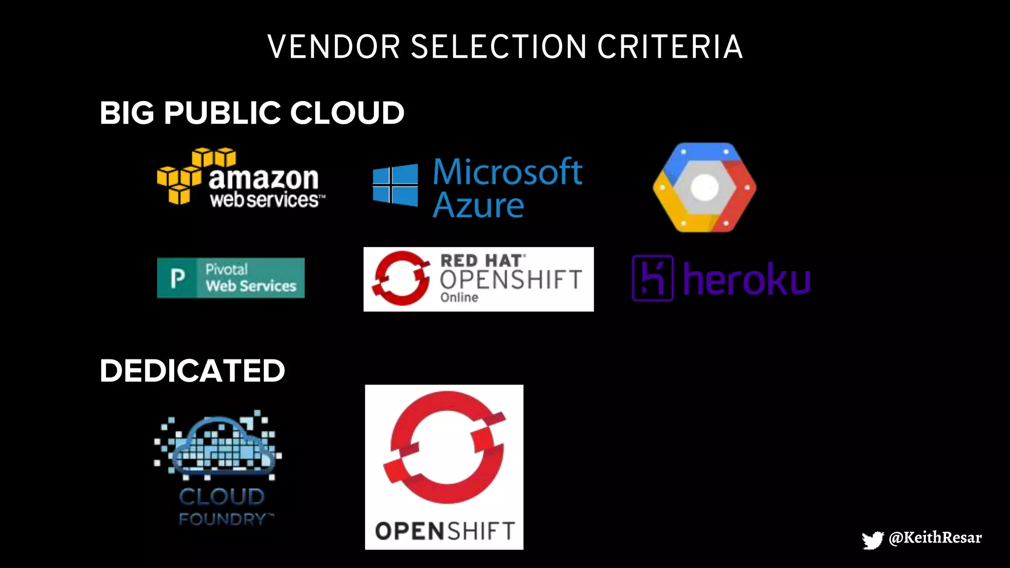 VENDOR SELECTION CRITERIA
@KeithResar
BIG PUBLIC CLOUD
DEDICATED
 