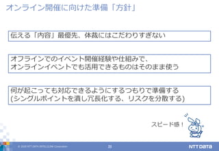 © 2020 NTT DATA INTELLILINK Corporation 20
オンライン開催に向けた準備「方針」
伝える「内容」最優先、体裁にはこだわりすぎない
オフラインでのイベント開催経験や仕組みで、
オンラインイベントでも活用できるものはそのまま使う
何が起こっても対応できるようにするつもりで準備する
(シングルポイントを潰し冗長化する、リスクを分散する)
スピード感！
 